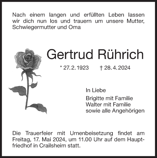 Traueranzeige von Gertrud Rührich von Hohenloher Tagblatt