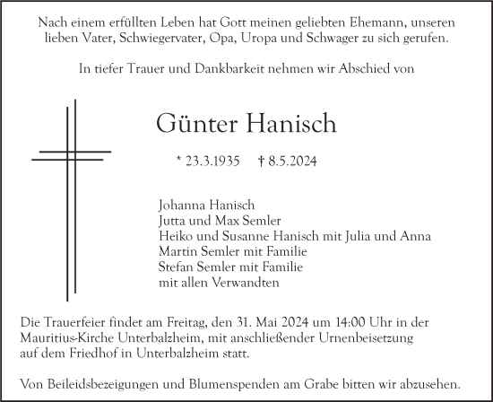 Traueranzeige von Günter Hanisch von SÜDWEST PRESSE Ausgabe Ulm/Neu-Ulm