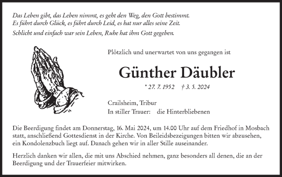 Traueranzeige von Günther Däubler von Hohenloher Tagblatt