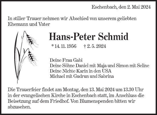 Traueranzeige von Hans-Peter Schmid von NWZ Neue Württembergische Zeitung