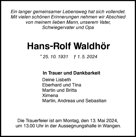 Traueranzeige von Hans-Rolf Waldhör von NWZ Neue Württembergische Zeitung