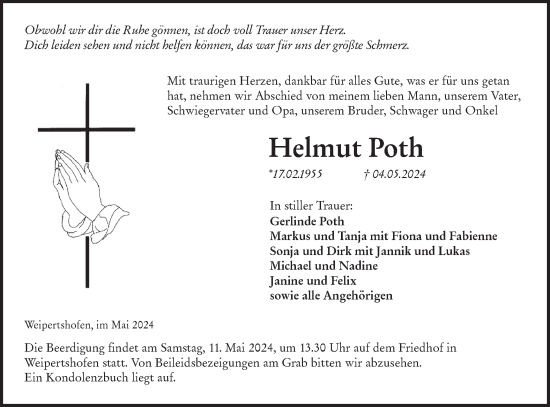 Traueranzeige von Helmut Poth von Hohenloher Tagblatt