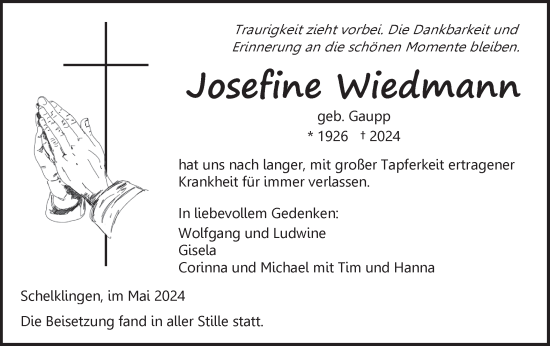 Traueranzeige von Josefine Wiedmann von Ehinger Tagblatt