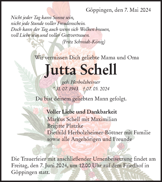 Traueranzeige von Jutta Schell von NWZ Neue Württembergische Zeitung/Geislinger Zeitung