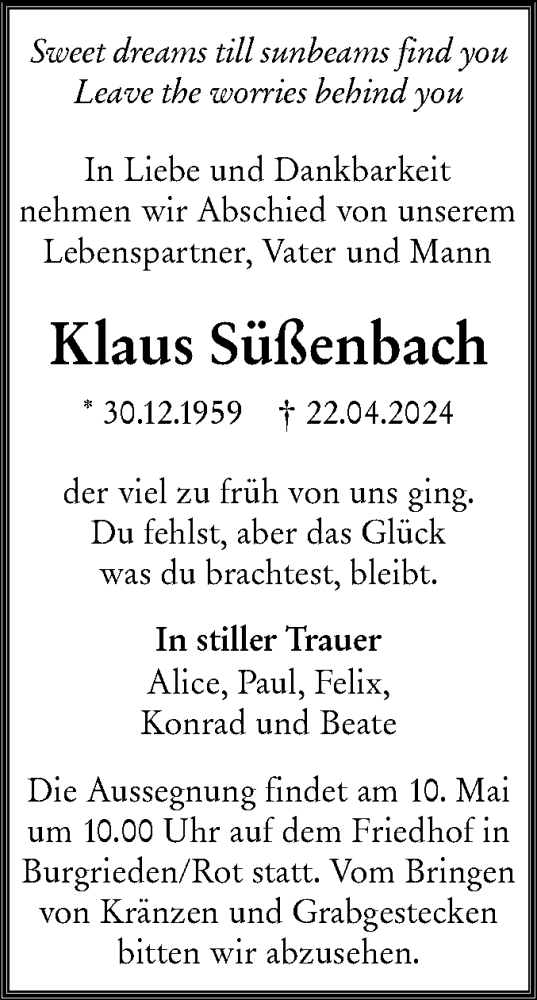 Traueranzeige von Klaus Süßenbach von SÜDWEST PRESSE Ausgabe Ulm/Neu-Ulm