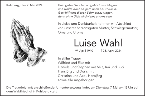 Traueranzeige von Luise Wahl von Alb-Bote/Metzinger-Uracher Volksblatt