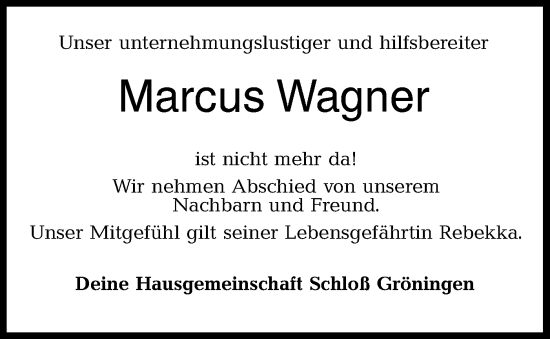 Traueranzeige von Marcus Wagner von Hohenloher Tagblatt