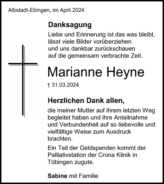 Traueranzeige von Marianne Heyne von SÜDWEST PRESSE Zollernalbkreis/Hohenzollerische Zeitung