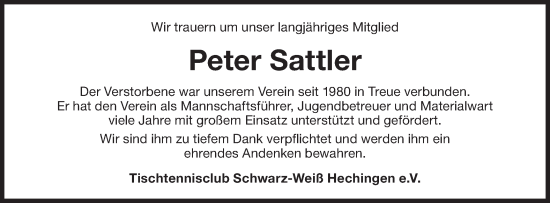 Traueranzeige von Peter Sattler von SÜDWEST PRESSE Zollernalbkreis/Hohenzollerische Zeitung