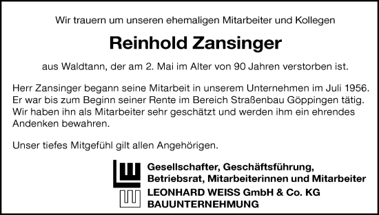 Traueranzeige von Reinhold Zansinger von Hohenloher Tagblatt