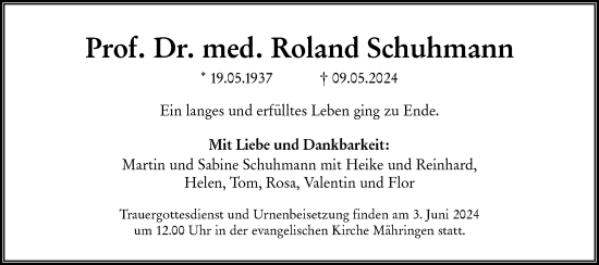 Traueranzeige von Roland Schuhmann von SÜDWEST PRESSE Ausgabe Ulm/Neu-Ulm