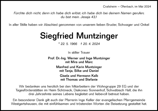 Traueranzeige von Siegfried Muntzinger von Hohenloher Tagblatt