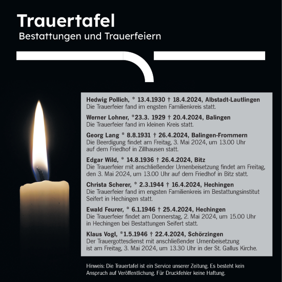 Traueranzeige von Totentafel vom 02.05.2024 von SÜDWEST PRESSE Zollernalbkreis/Hohenzollerische Zeitung