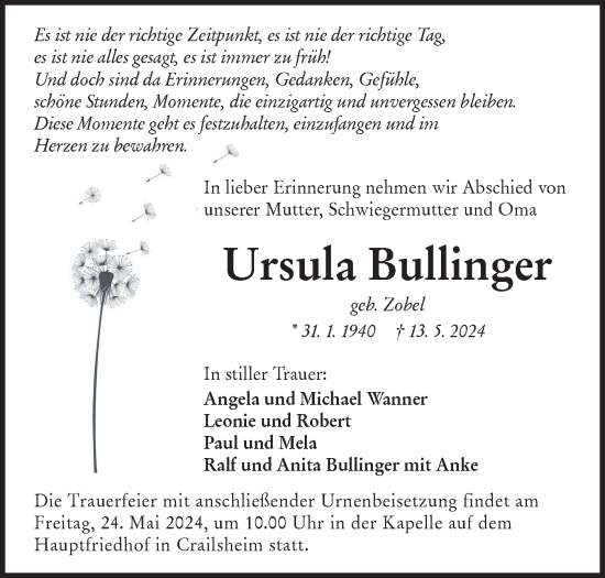 Traueranzeige von Ursula Bullinger von Hohenloher Tagblatt