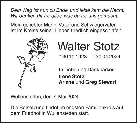 Traueranzeige von Walter Stotz von SÜDWEST PRESSE Ausgabe Ulm/Neu-Ulm