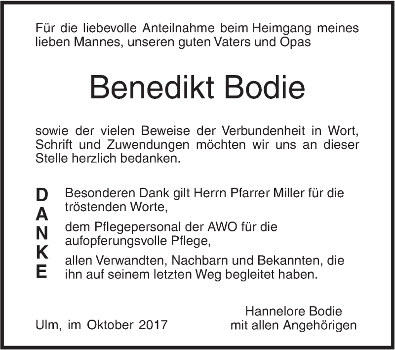  Traueranzeige für Benedikt Bodie vom 12.10.2017 aus SÜDWEST PRESSE Ausgabe Ulm/Neu-Ulm
