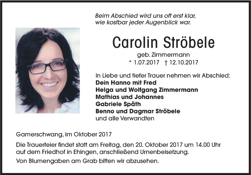  Traueranzeige für Carolin Ströbele vom 18.10.2017 aus Ehinger Tagblatt