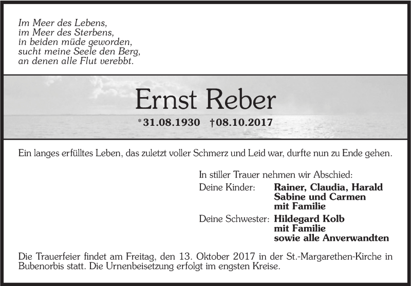  Traueranzeige für Ernst Reber vom 11.10.2017 aus Haller Tagblatt
