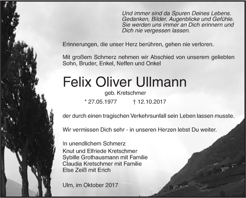  Traueranzeige für Felix Oliver Ullmann vom 17.10.2017 aus SÜDWEST PRESSE Ausgabe Ulm/Neu-Ulm
