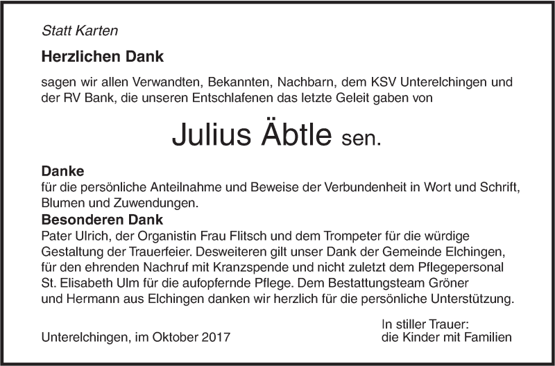  Traueranzeige für Julius Äbtle vom 14.10.2017 aus SÜDWEST PRESSE Ausgabe Ulm/Neu-Ulm