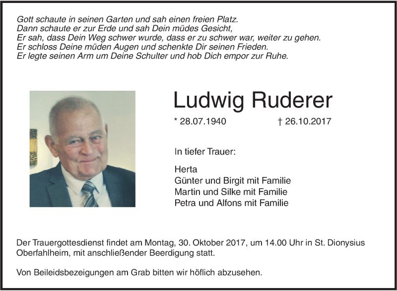  Traueranzeige für Ludwig Ruderer vom 28.10.2017 aus SÜDWEST PRESSE Ausgabe Ulm/Neu-Ulm