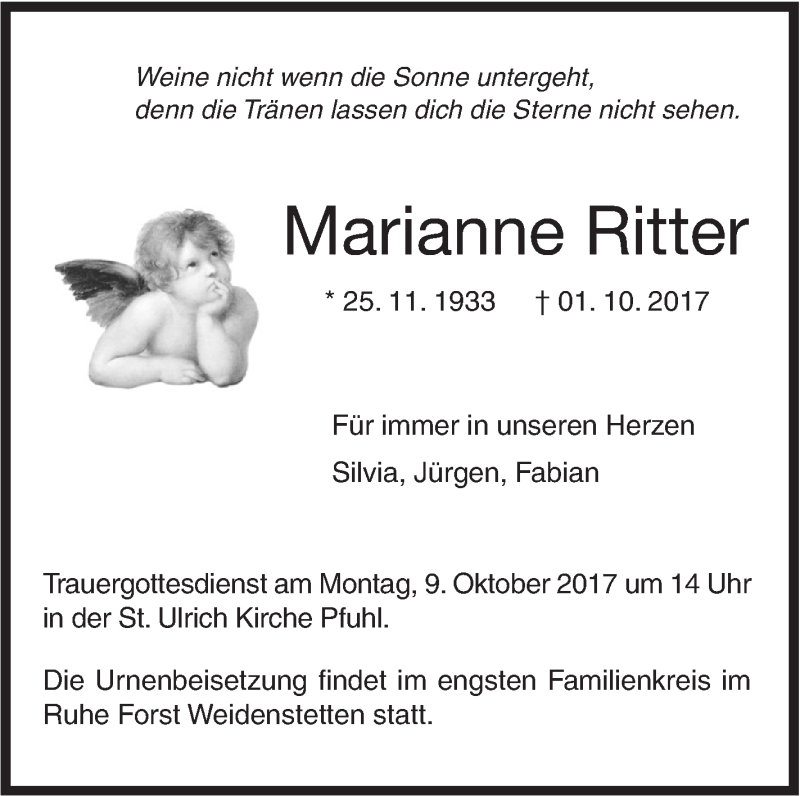  Traueranzeige für Marianne Ritter vom 05.10.2017 aus Südwest Presse