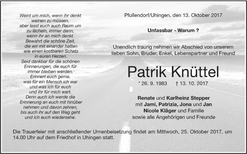  Traueranzeige für Patrik Knüttel vom 21.10.2017 aus NWZ Neue Württembergische Zeitung
