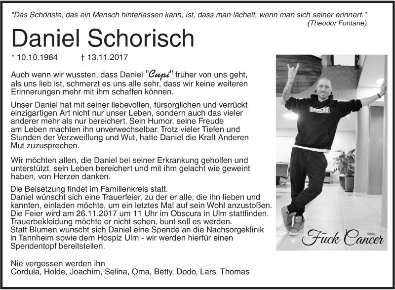  Traueranzeige für Daniel Schorisch vom 18.11.2017 aus SÜDWEST PRESSE Ausgabe Ulm/Neu-Ulm