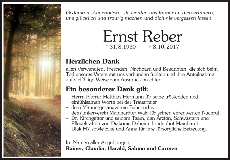 Traueranzeige für Ernst Reber vom 04.11.2017 aus Haller Tagblatt