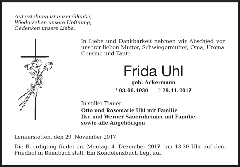  Traueranzeige für Frida Uhl vom 01.12.2017 aus Hohenloher Tagblatt