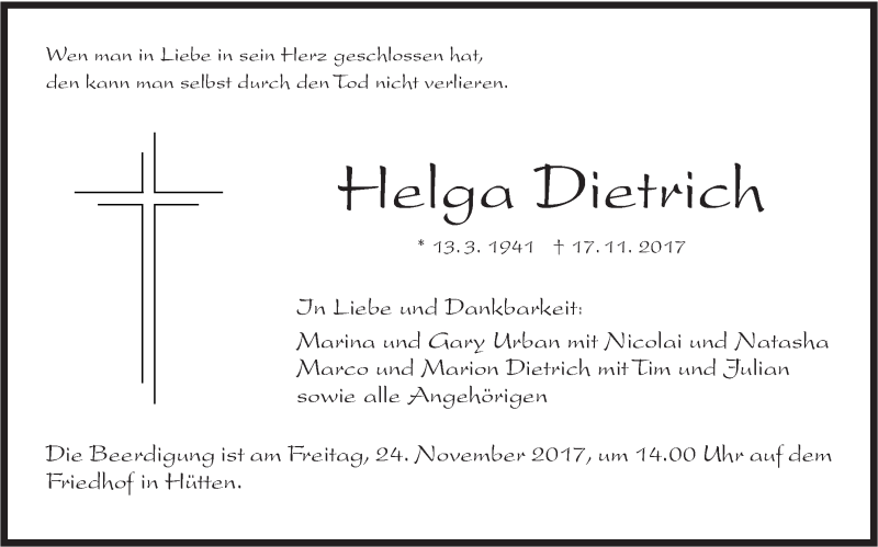  Traueranzeige für Helga Dietrich vom 21.11.2017 aus Haller Tagblatt