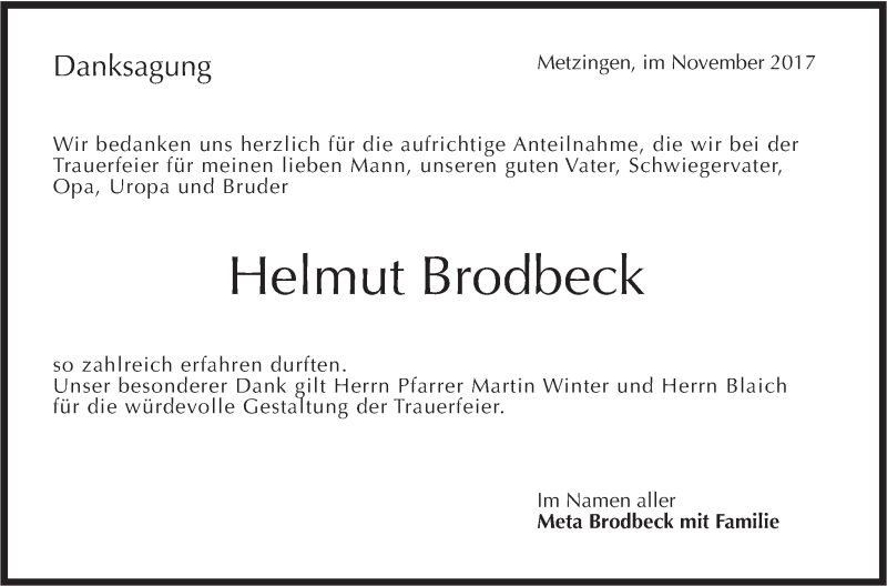  Traueranzeige für Helmut Brodbeck vom 04.11.2017 aus SÜDWEST PRESSE