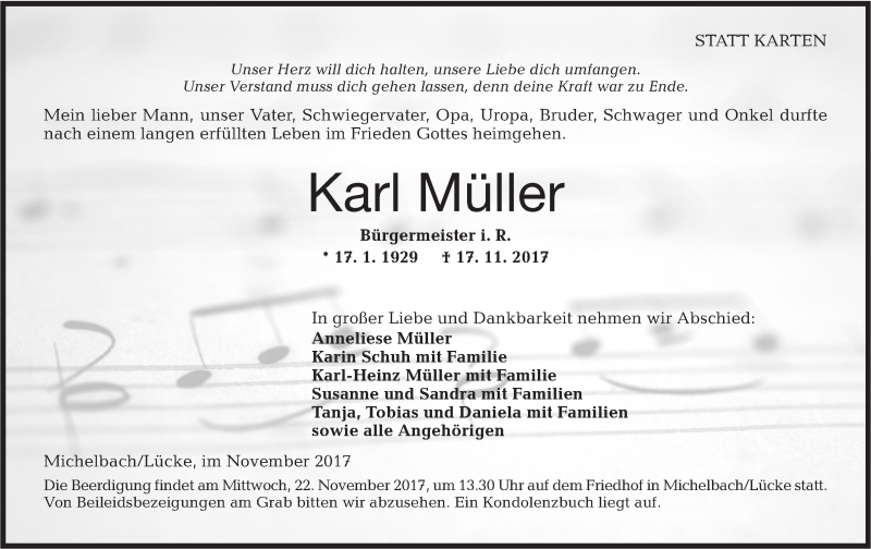  Traueranzeige für Karl Müller vom 20.11.2017 aus Hohenloher Tagblatt