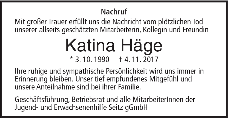  Traueranzeige für Katina Häge vom 08.11.2017 aus SÜDWEST PRESSE Ausgabe Ulm/Neu-Ulm