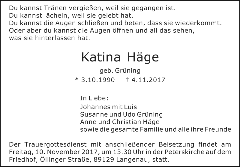 Traueranzeige für Katina Häge vom 07.11.2017 aus SÜDWEST PRESSE Ausgabe Ulm/Neu-Ulm