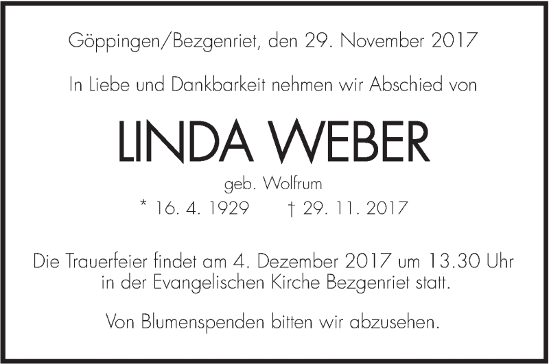  Traueranzeige für Linda Weber vom 01.12.2017 aus NWZ Neue Württembergische Zeitung