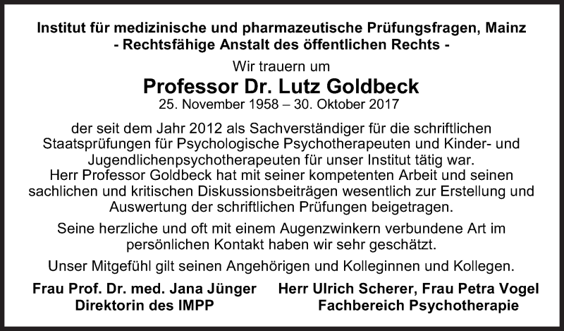  Traueranzeige für Lutz Goldbeck vom 23.11.2017 aus SÜDWEST PRESSE Ausgabe Ulm/Neu-Ulm