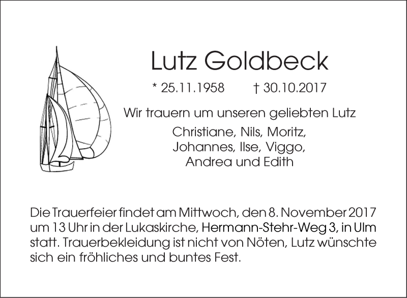  Traueranzeige für Lutz Goldbeck vom 04.11.2017 aus SÜDWEST PRESSE Ausgabe Ulm/Neu-Ulm