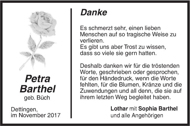  Traueranzeige für Petra Barthel vom 17.11.2017 aus Metzinger-Uracher Volksblatt