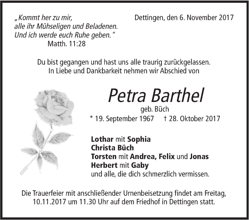 Traueranzeige für Petra Barthel vom 06.11.2017 aus Metzinger-Uracher Volksblatt