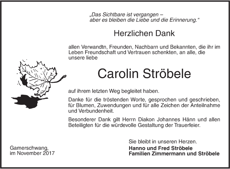  Traueranzeige für Carolin Ströbele vom 10.11.2017 aus Ehinger Tagblatt