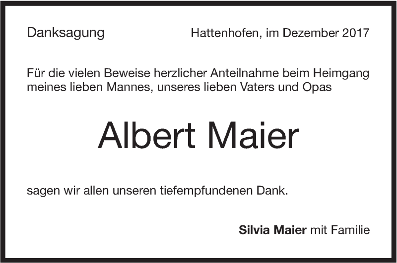  Traueranzeige für Albert Maier vom 19.12.2017 aus NWZ Neue Württembergische Zeitung