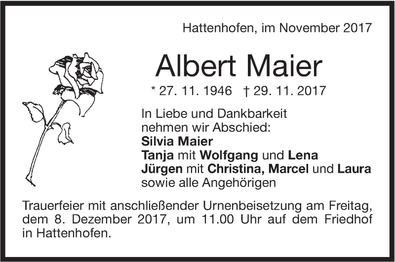  Traueranzeige für Albert Maier vom 04.12.2017 aus NWZ Neue Württembergische Zeitung