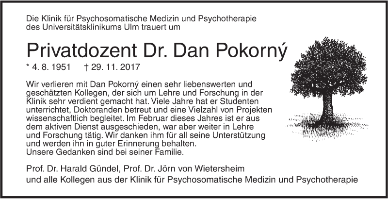  Traueranzeige für Dan Pokorný vom 09.12.2017 aus SÜDWEST PRESSE Ausgabe Ulm/Neu-Ulm