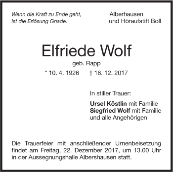 Traueranzeige von Elfriede Wolf von NWZ Neue Württembergische Zeitung