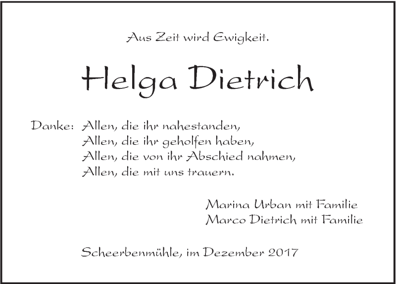 Traueranzeige für Helga Dietrich vom 09.12.2017 aus Haller Tagblatt