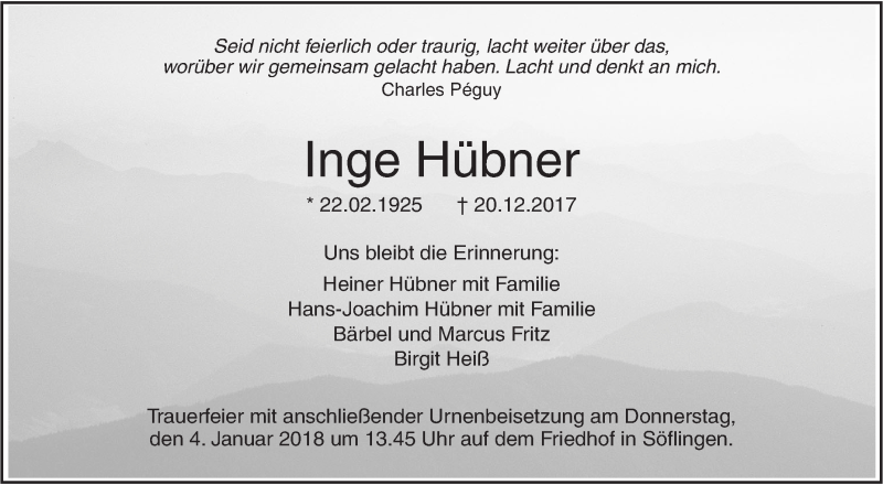  Traueranzeige für Inge Hübner vom 23.12.2017 aus SÜDWEST PRESSE Ausgabe Ulm/Neu-Ulm