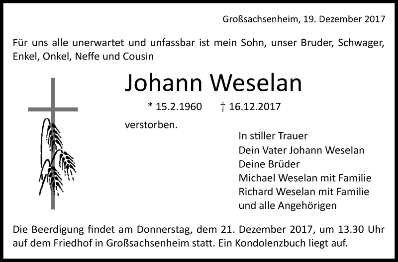  Traueranzeige für Johann Weselan vom 19.12.2017 aus SÜDWEST PRESSE