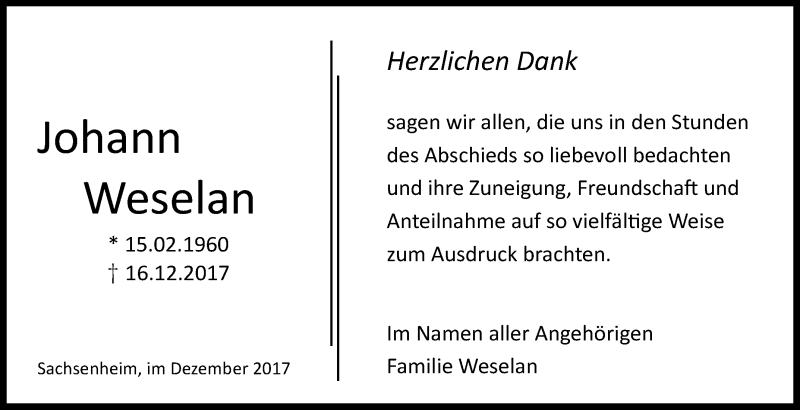  Traueranzeige für Johann Weselan vom 30.12.2017 aus SÜDWEST PRESSE