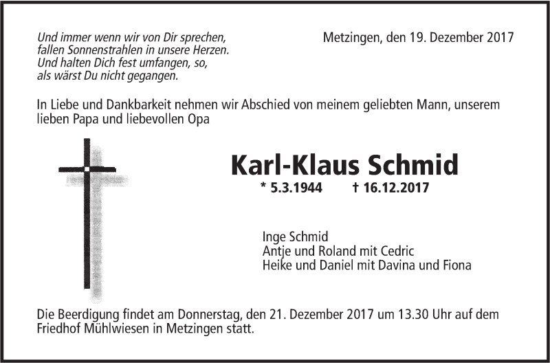  Traueranzeige für Karl-Klaus Schmid vom 19.12.2017 aus Metzinger-Uracher Volksblatt